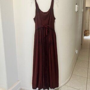 Vintage Renaissance Medieval Maxi Flowy Dress Maroon & Black Flocked Floral 1x